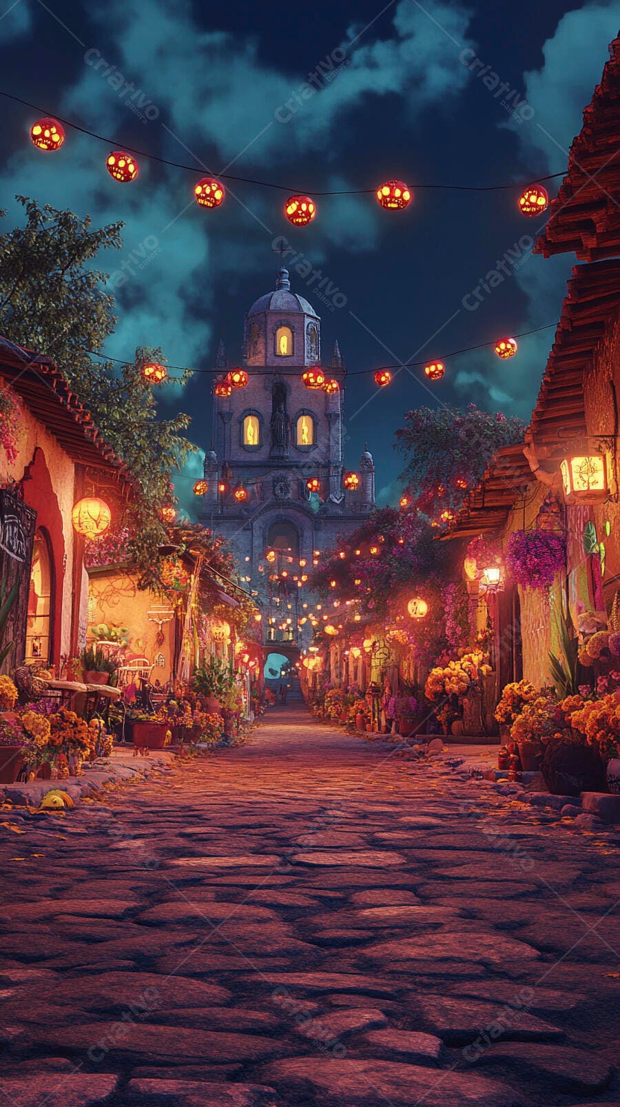Rua de vila colorida com luzes de caveira e igreja iluminada à noite