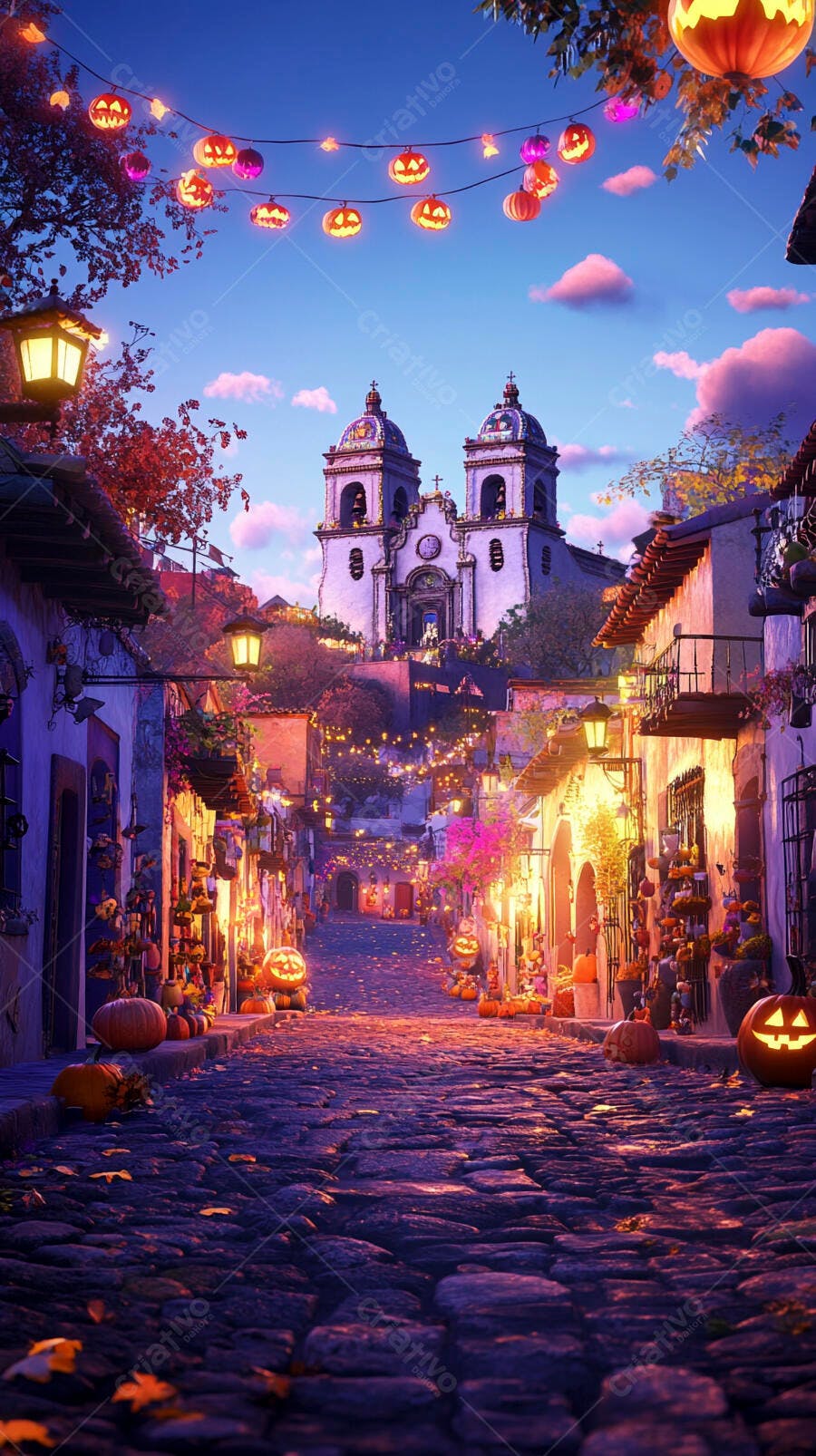 Rua de vila colonial iluminada para Halloween com abóboras e igreja ao fundo