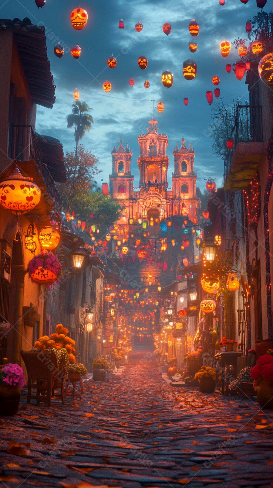 Rua histórica iluminada com lanternas Dia de los Muertos e igreja ao entardecer vibrante