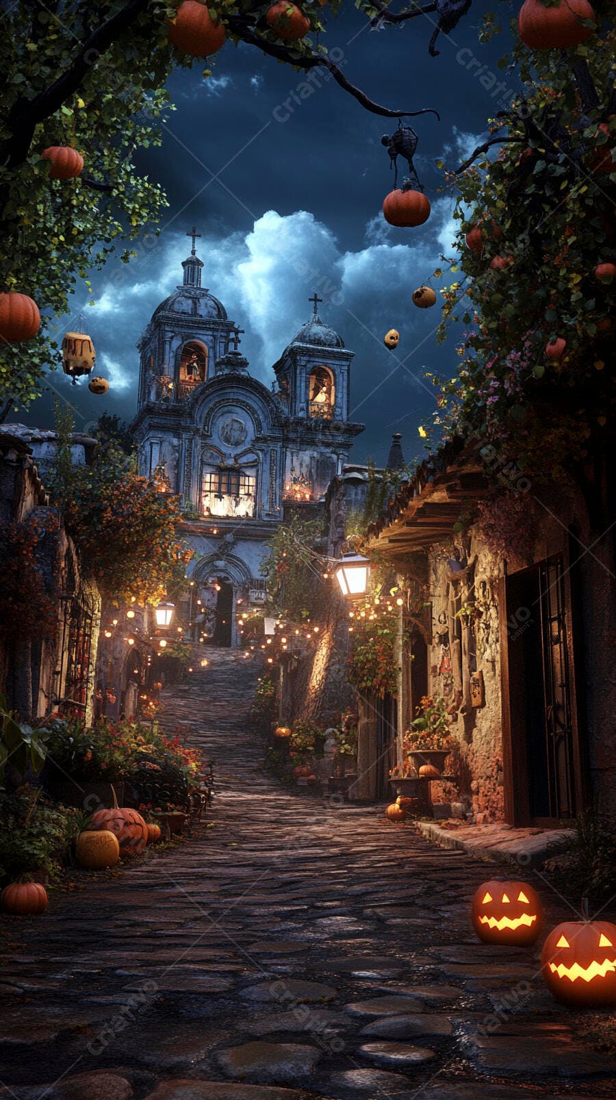 Rua antiga de paralelepípedos com abóboras e igreja gótica à noite de Halloween