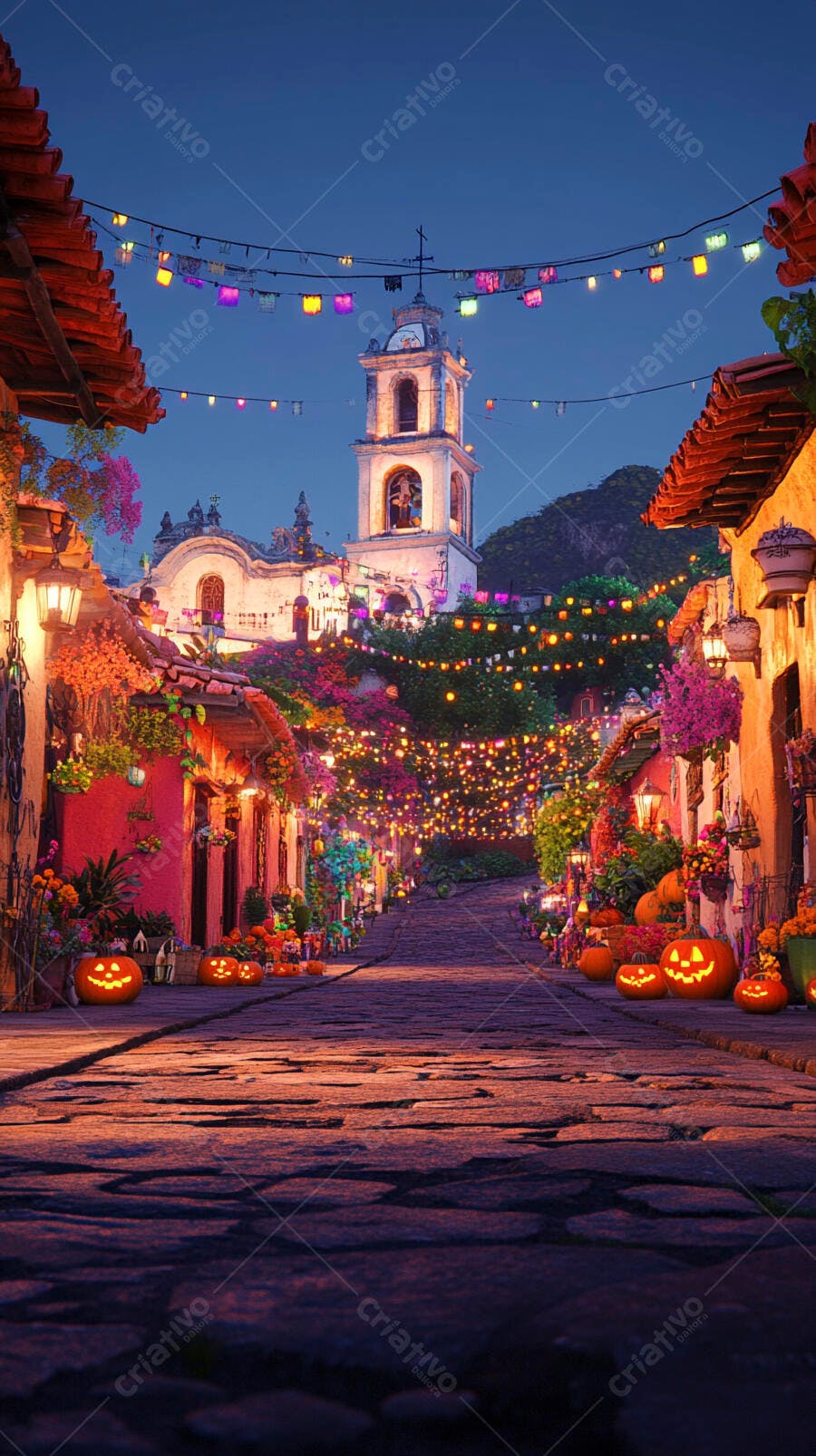 Rua de vila festiva com igreja, abóboras iluminadas e luzes à noite