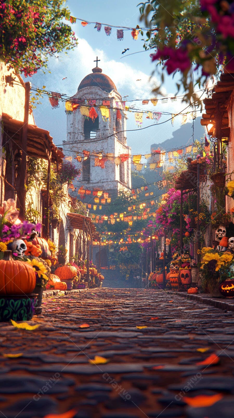 Rua de vila mexicana decorada para Dia de los Muertos com abóboras e flores coloridas