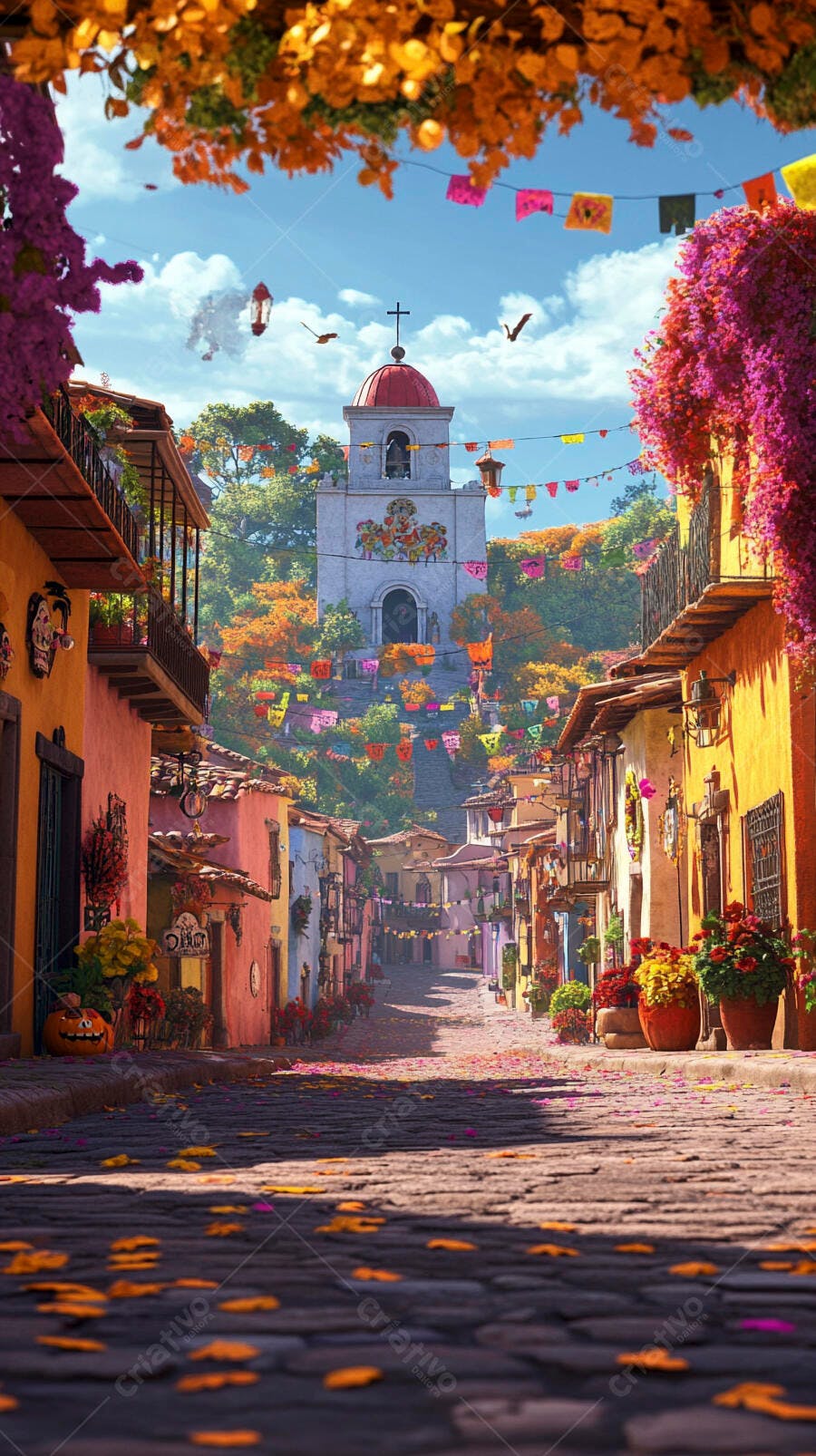 Vila colorida com igreja e papel picado em dia festivo