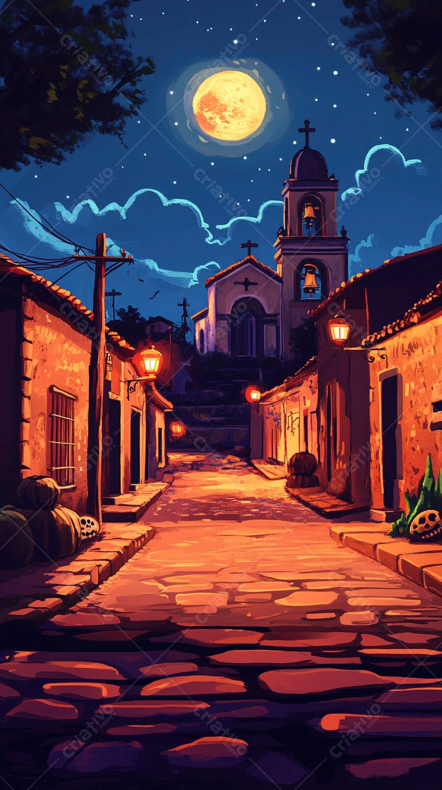 Rua de vila à noite com igreja, lua cheia e abóboras de Halloween