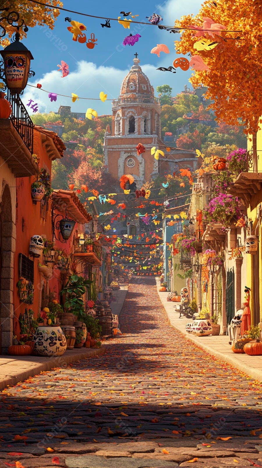 Rua vibrante mexicana decorada para Dia de Muertos no outono