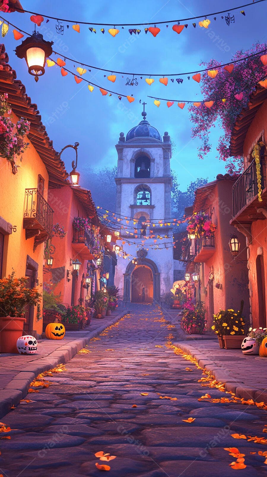 Rua festiva com decorações de Dia dos Mortos e Halloween ao anoitecer