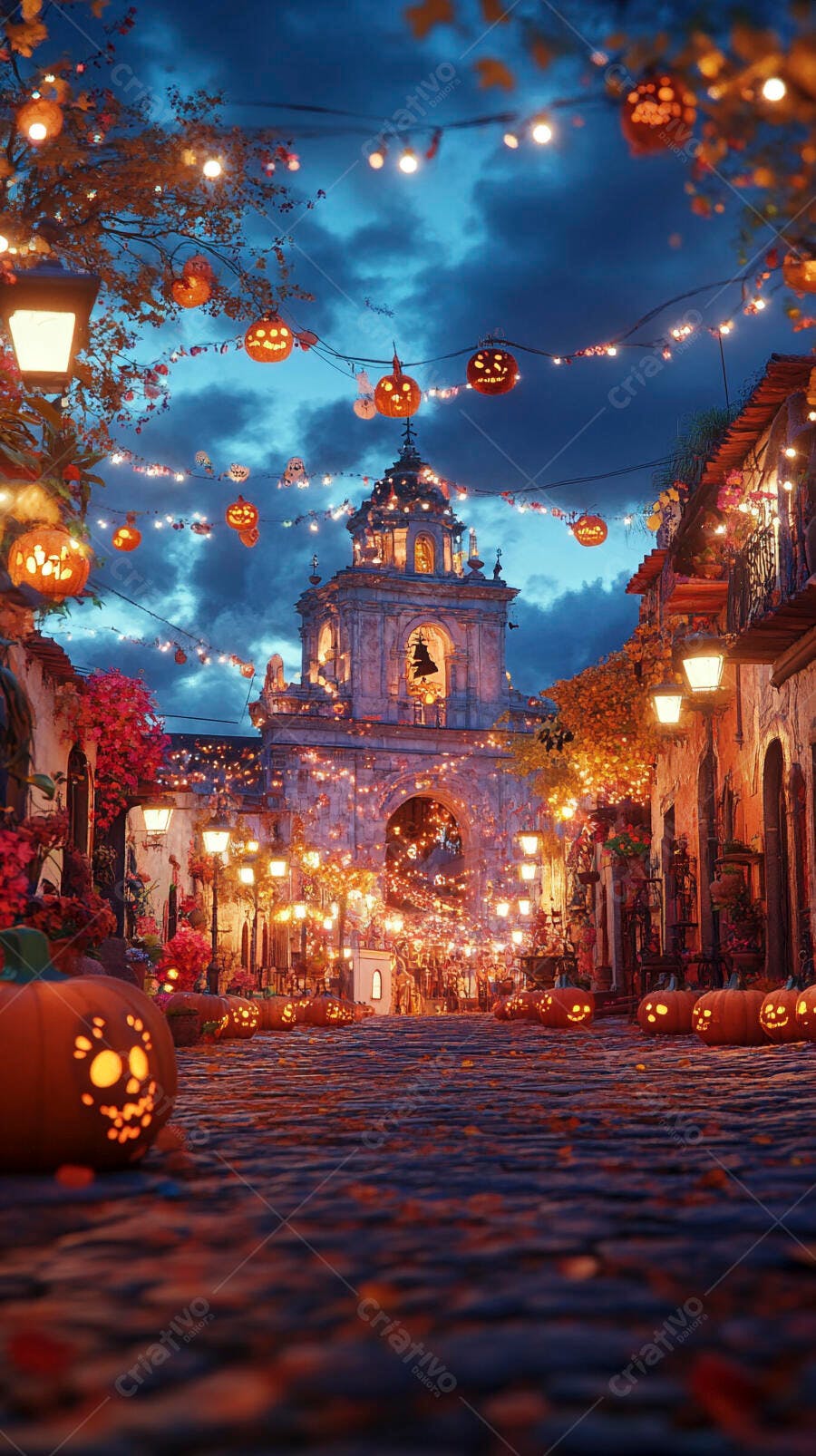 Rua de paralelepípedos iluminada com abóboras de Halloween à noite