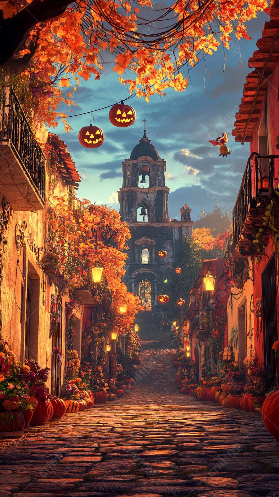 Decoração de Halloween rua antiga com abóboras iluminadas e folhagem outonal