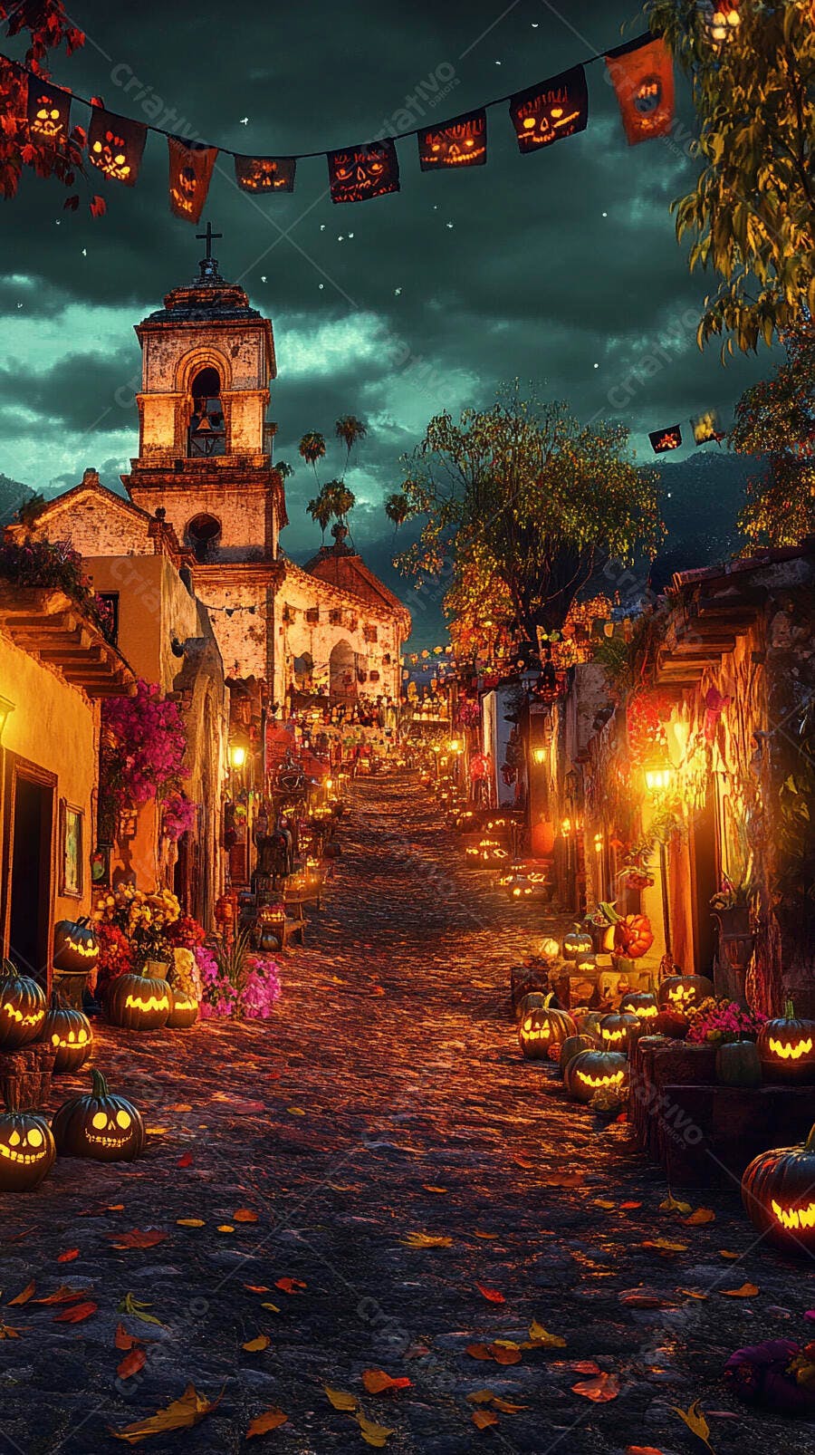 Rua de Halloween com abóboras iluminadas e igreja em noite festiva