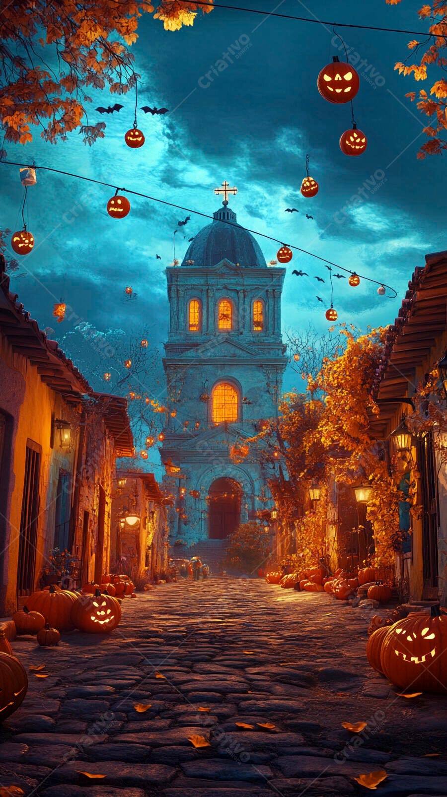 Rua de paralelepípedos com abóboras de Halloween e igreja gótica iluminada à noite