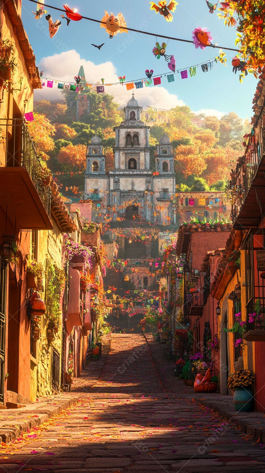Rua colorida de vila com igreja antiga e decorações festivas outono