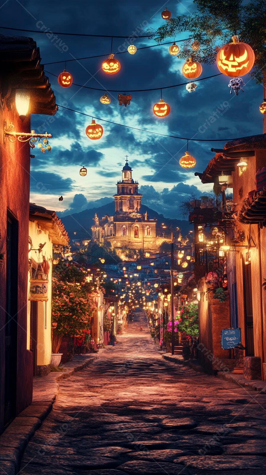 Rua festiva decorada com abóboras de Halloween à noite e igreja ao fundo