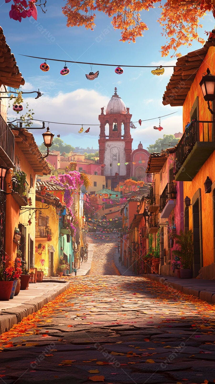 Rua de paralelepípedos colorida com folhas de outono igreja e decorações mexicanas