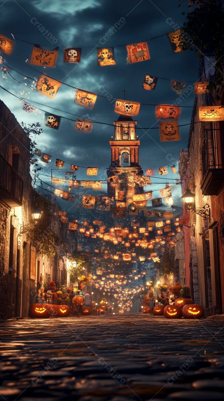 A rua com abóboras e bandeiras iluminada para o Dia dos Mortos