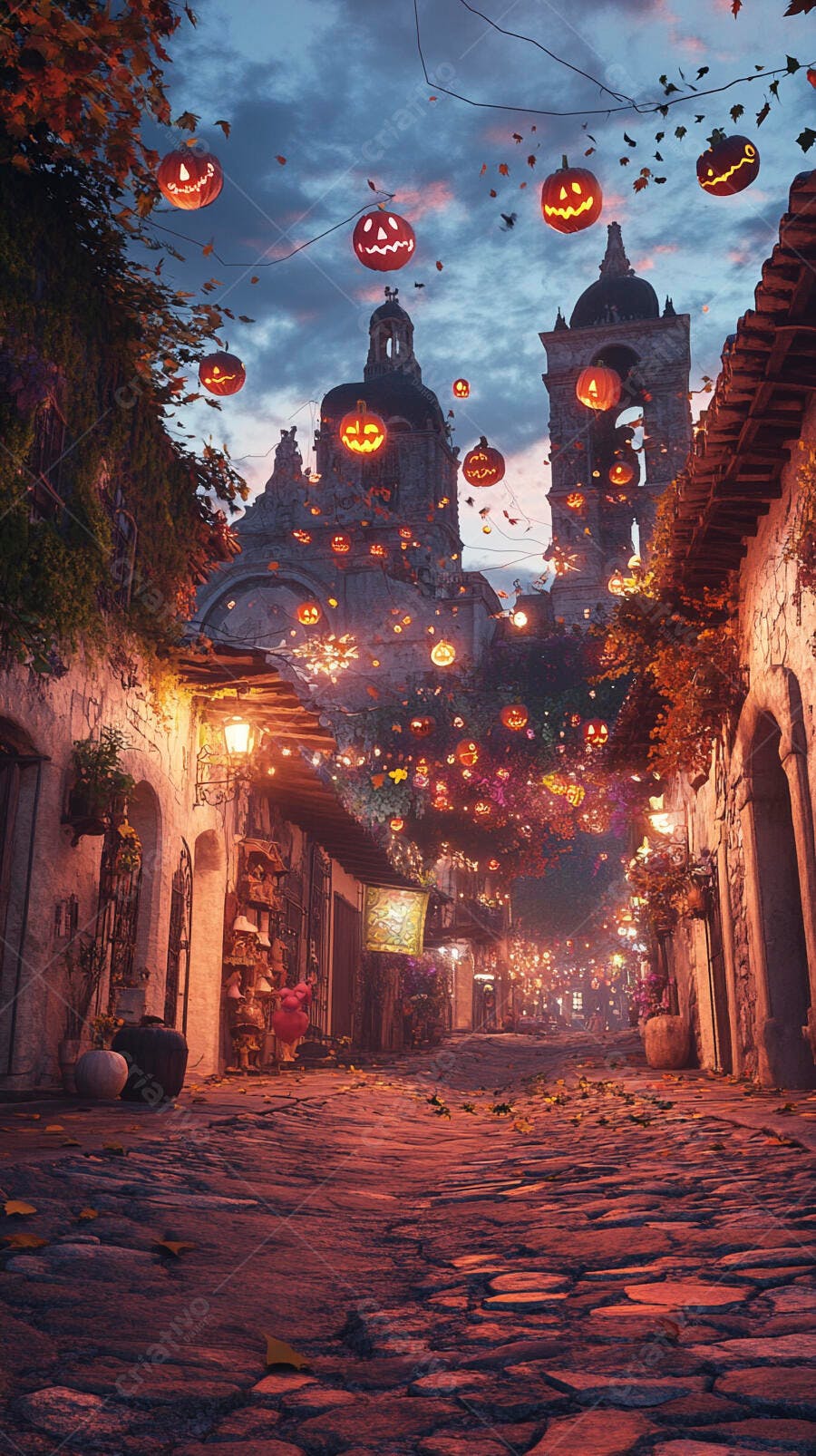 Rua antiga com abóboras de Halloween e luzes festivas ao anoitecer