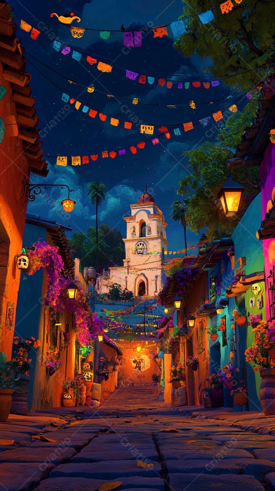 Rua festiva mexicana colorida à noite com igreja e decorações