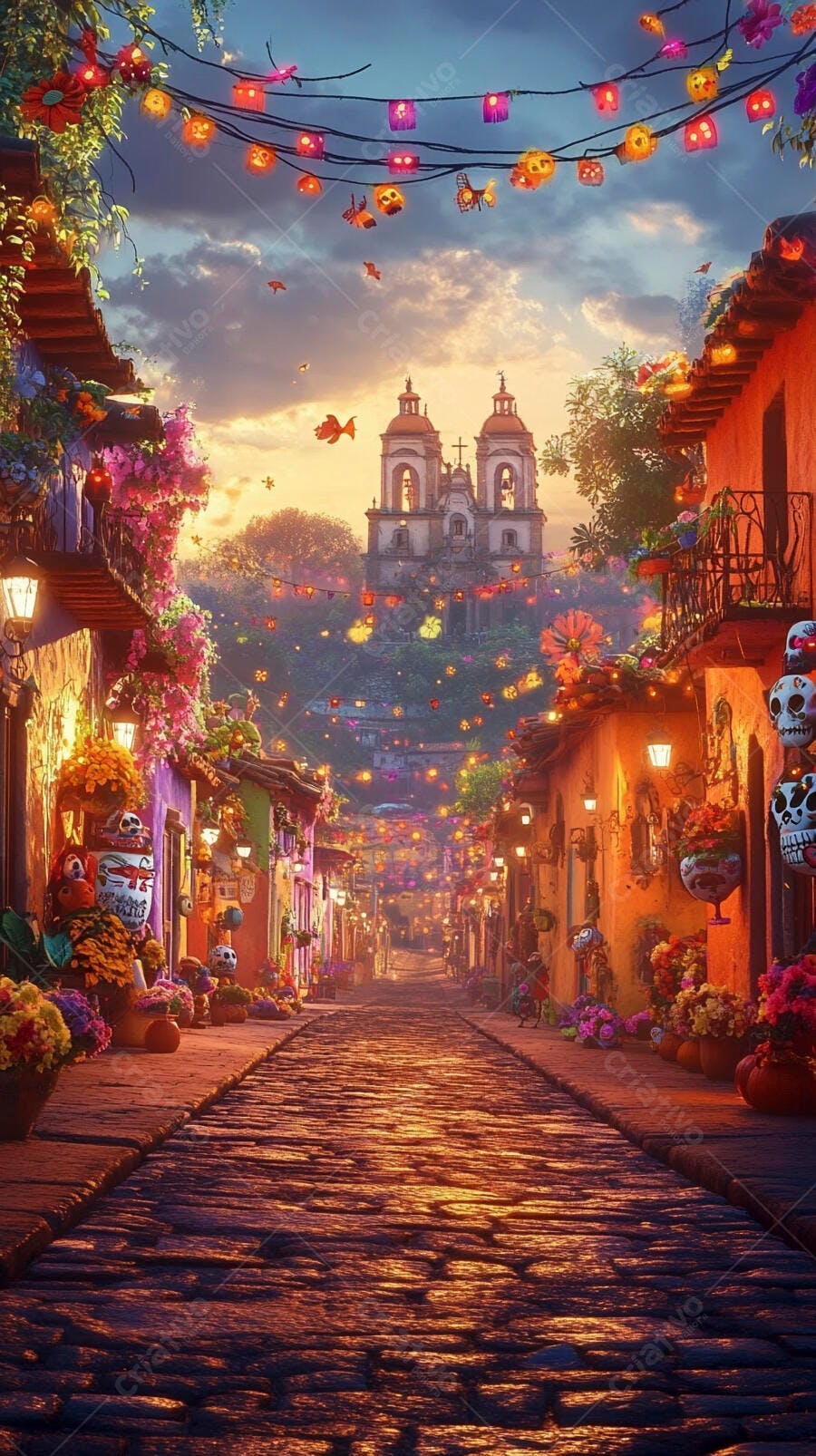 Rua colorida de vilarejo mexicano com decorações festivas e igreja ao entardecer