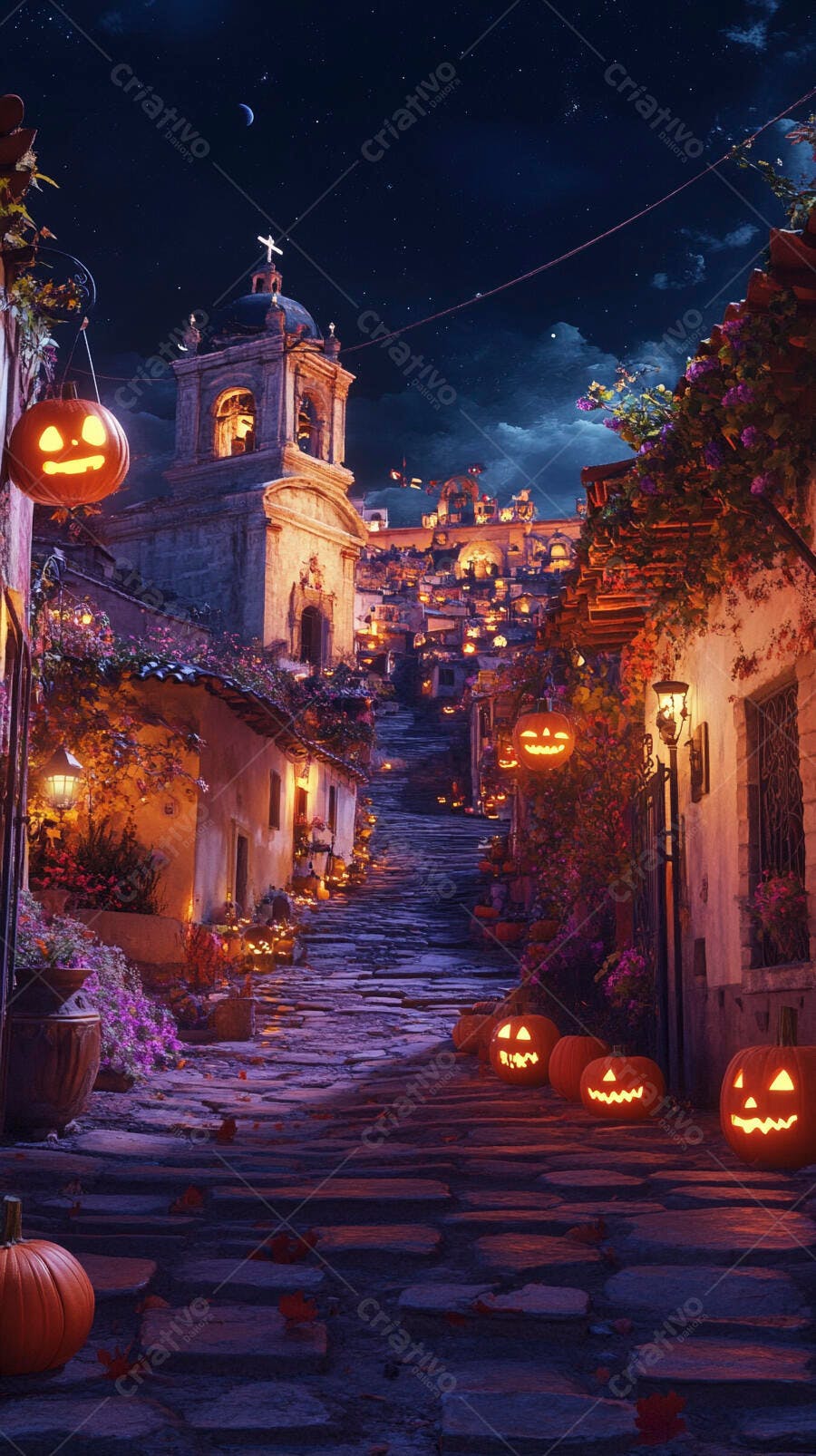 Rua antiga decorada com abóboras de Halloween e luzes sob céu noturno estrelado