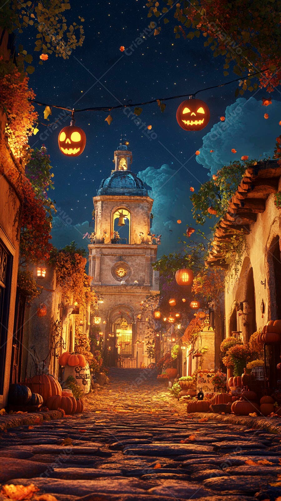Rua de vila antiga decorada para Halloween à noite com abóboras