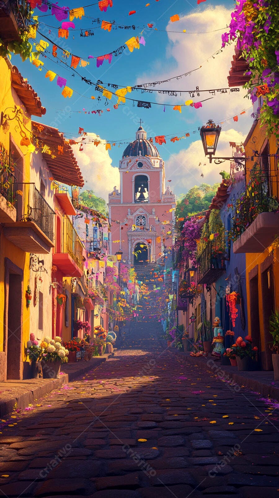 Rua colorida com igreja e bandeirinhas festivas em cidade colonial vibrante