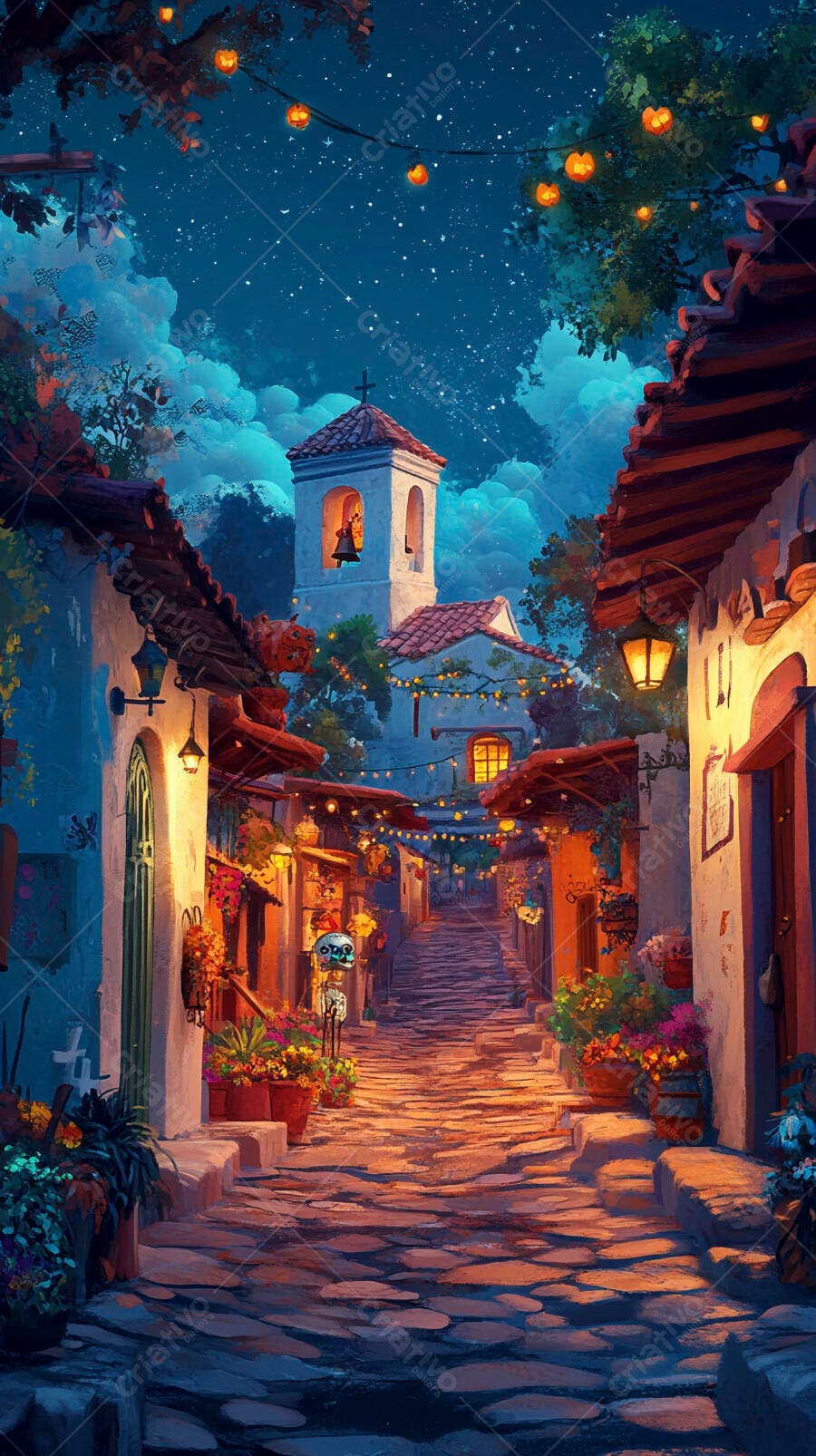 Rua estreita de vila iluminada com luzes festivas e igreja sob céu estrelado