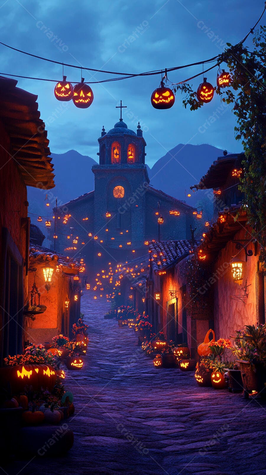 Rua de vilarejo iluminada por abóboras de Halloween com igreja ao fundo à noite
