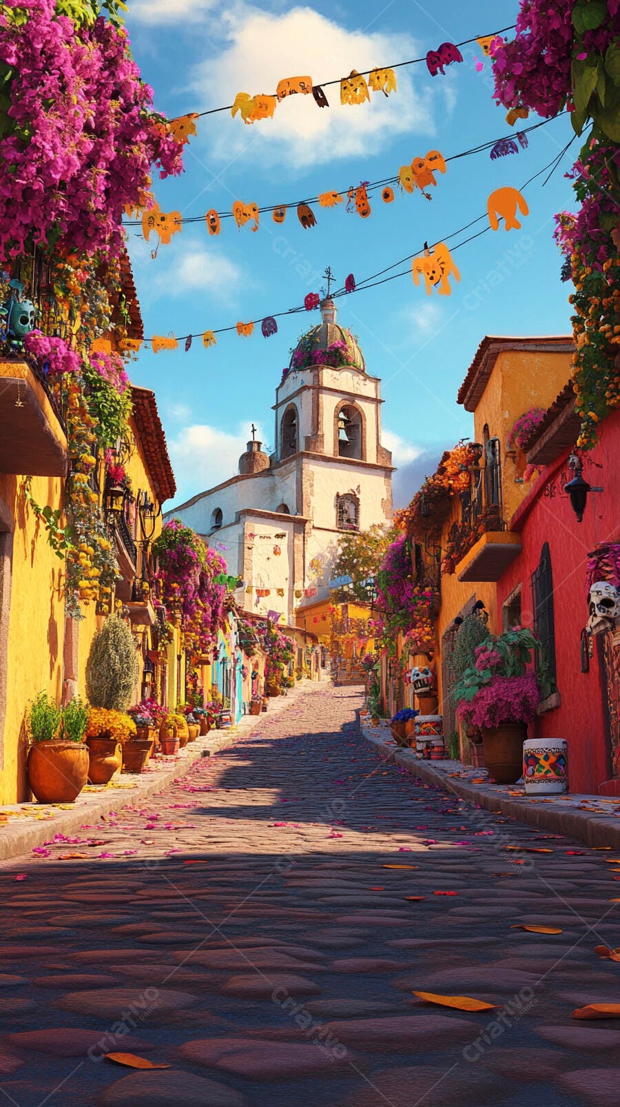 Rua vibrante de cidade colonial com igreja flores e papel picado colorido