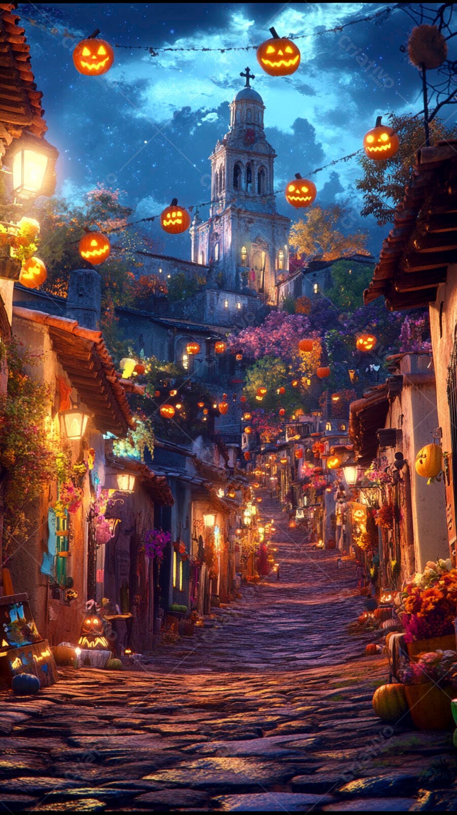 Rua colonial festiva com abóboras de Halloween e igreja iluminada à noite