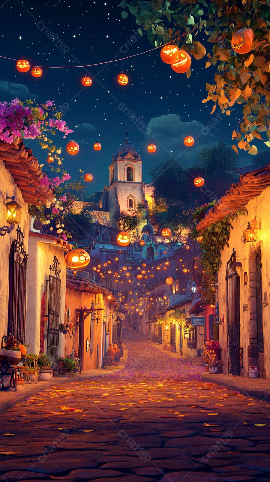 Rua festiva de paralelepípedos com abóboras de Halloween e igreja ao anoitecer