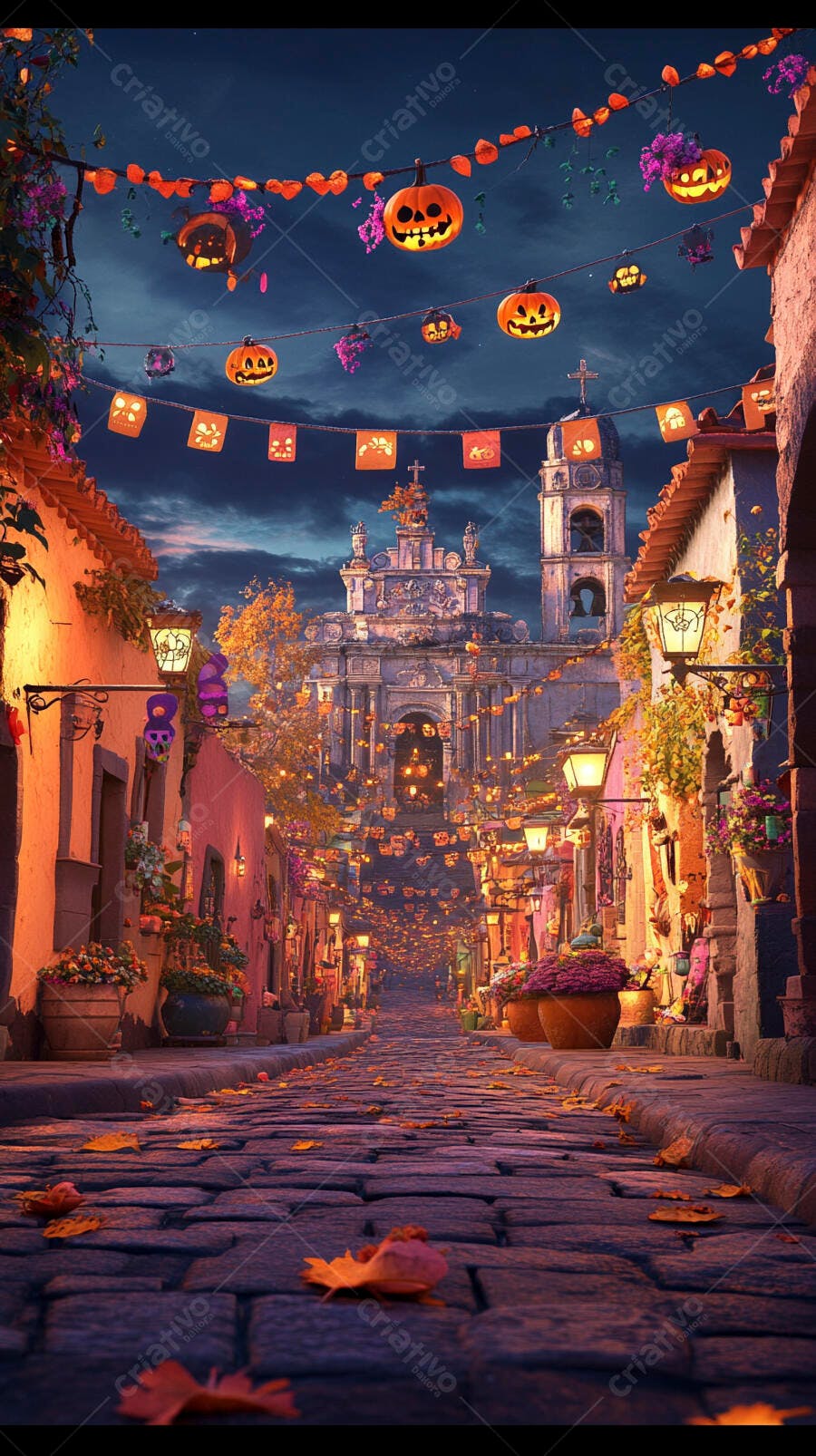 Rua noturna decorada para Halloween com abóboras coloridas e igreja antiga