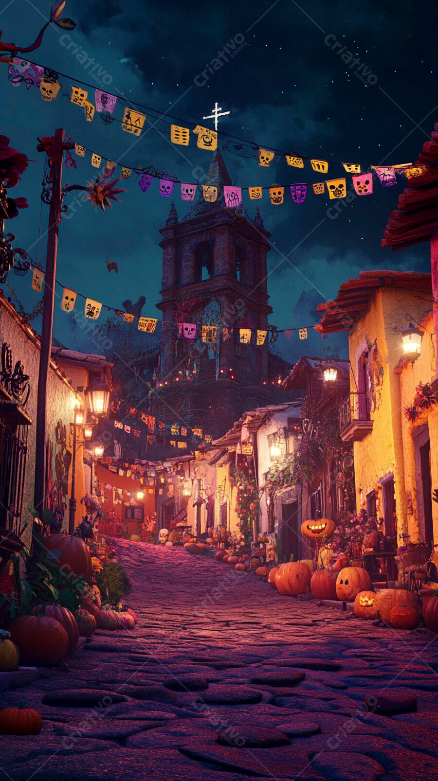 Rua mexicana decorada Dia de Muertos com lanternas abóboras e igreja à noite