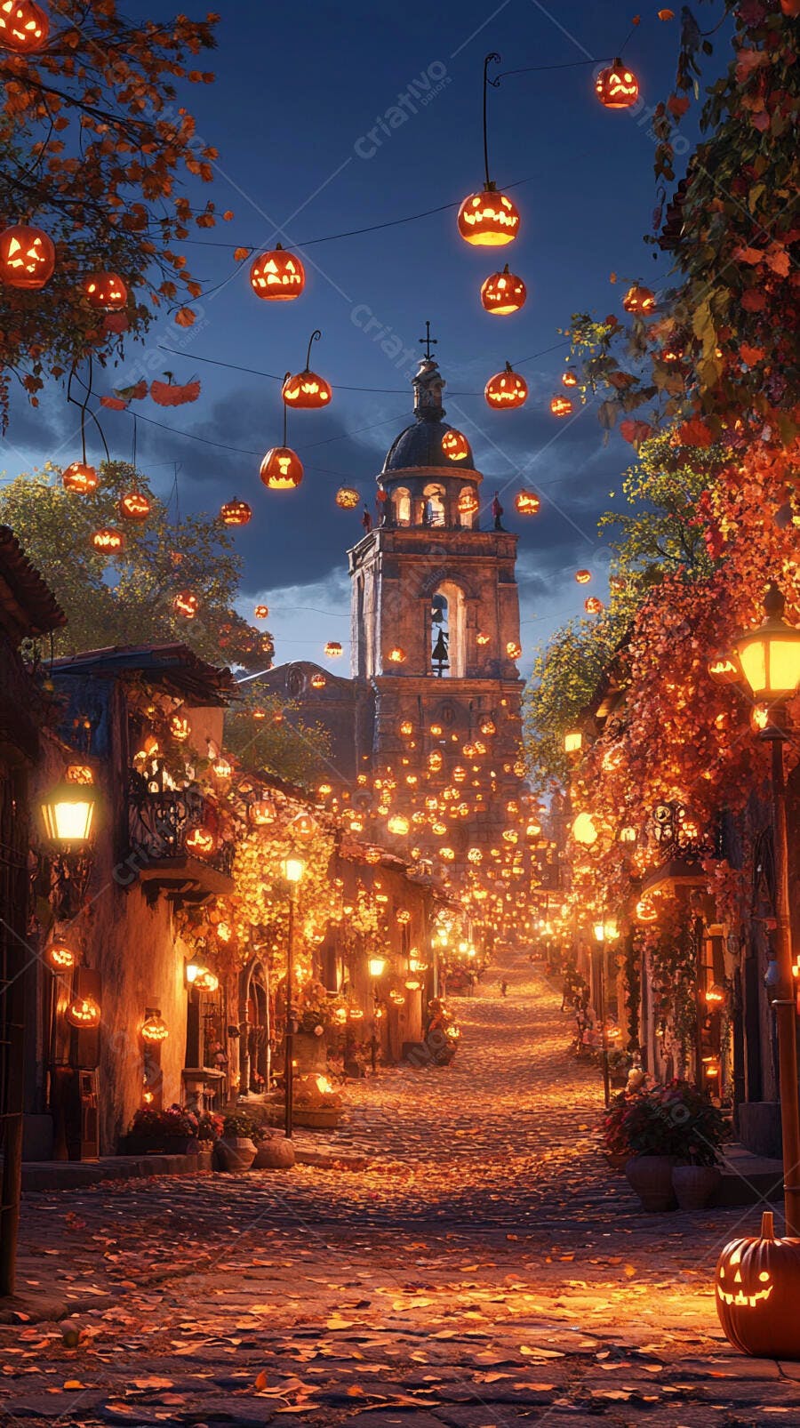 Rua de Halloween com abóboras iluminadas e igreja antiga à noite