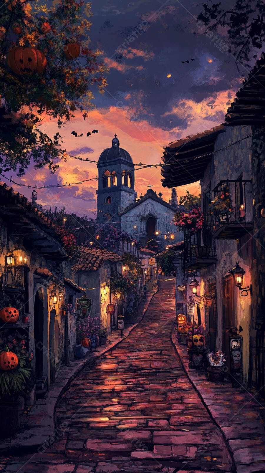 Rua antiga decorada para Halloween ao pôr do sol com abóboras e morcegos