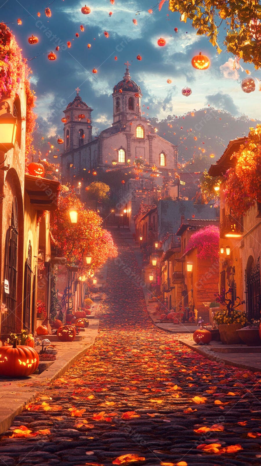 Rua de paralelepípedos decorada para Halloween com abóboras luminosas e igreja ao fundo
