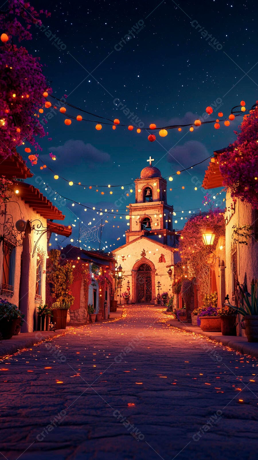 Vila festiva igreja e rua com arquitetura colonial luzes e flores à noite