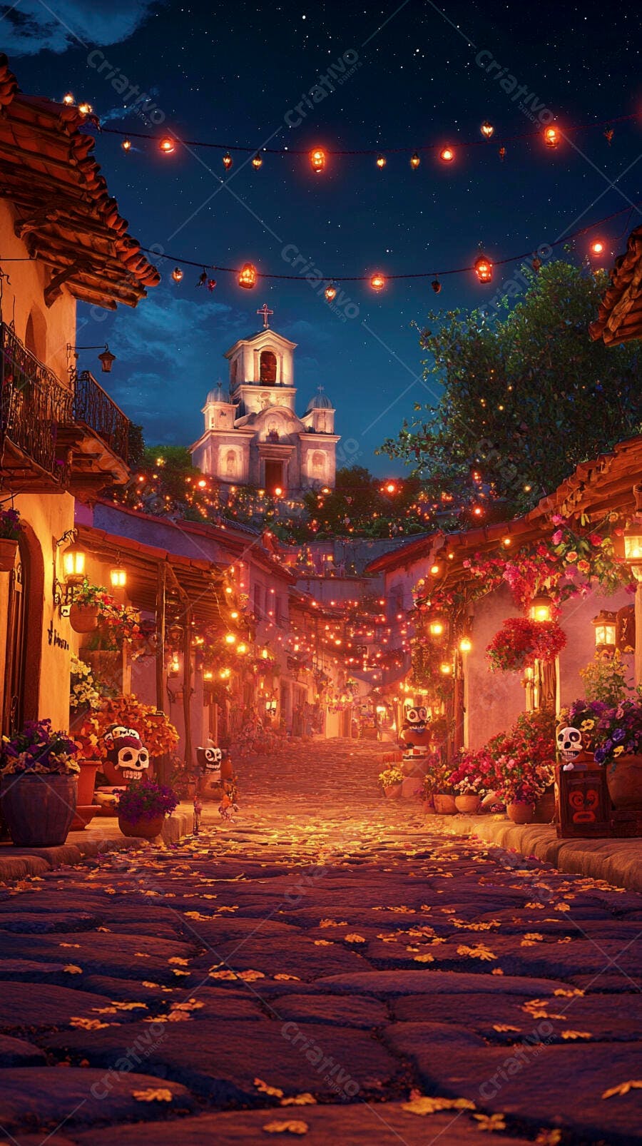 Rua mexicana festiva com luzes calaveras e igreja sob céu estrelado