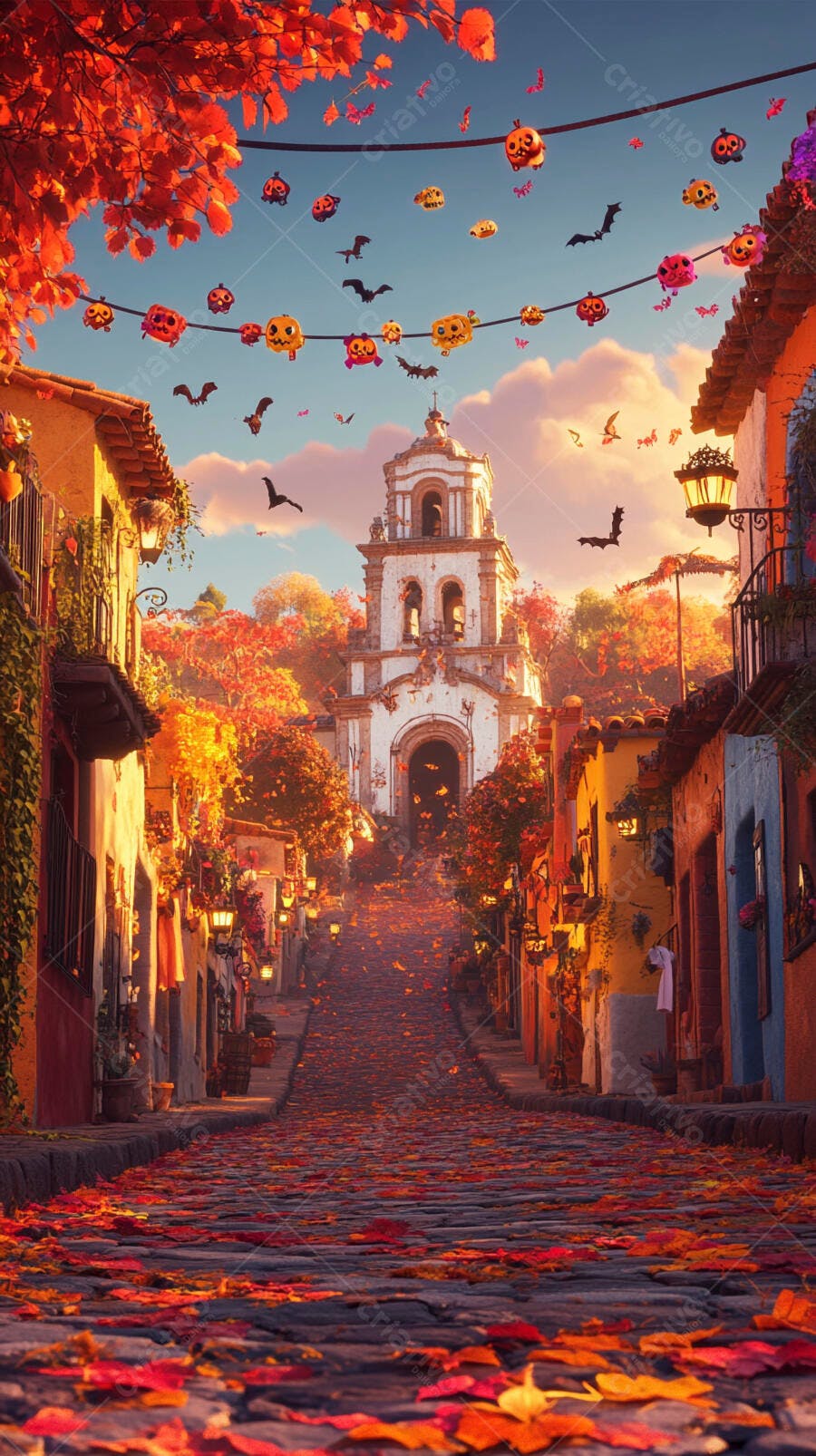 Rua de outono decorada com abóboras e morcegos levando a uma igreja