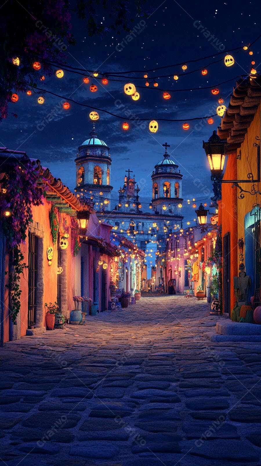 Vila mexicana colorida à noite com rua de paralelepípedos luzes de caveira e abóbora