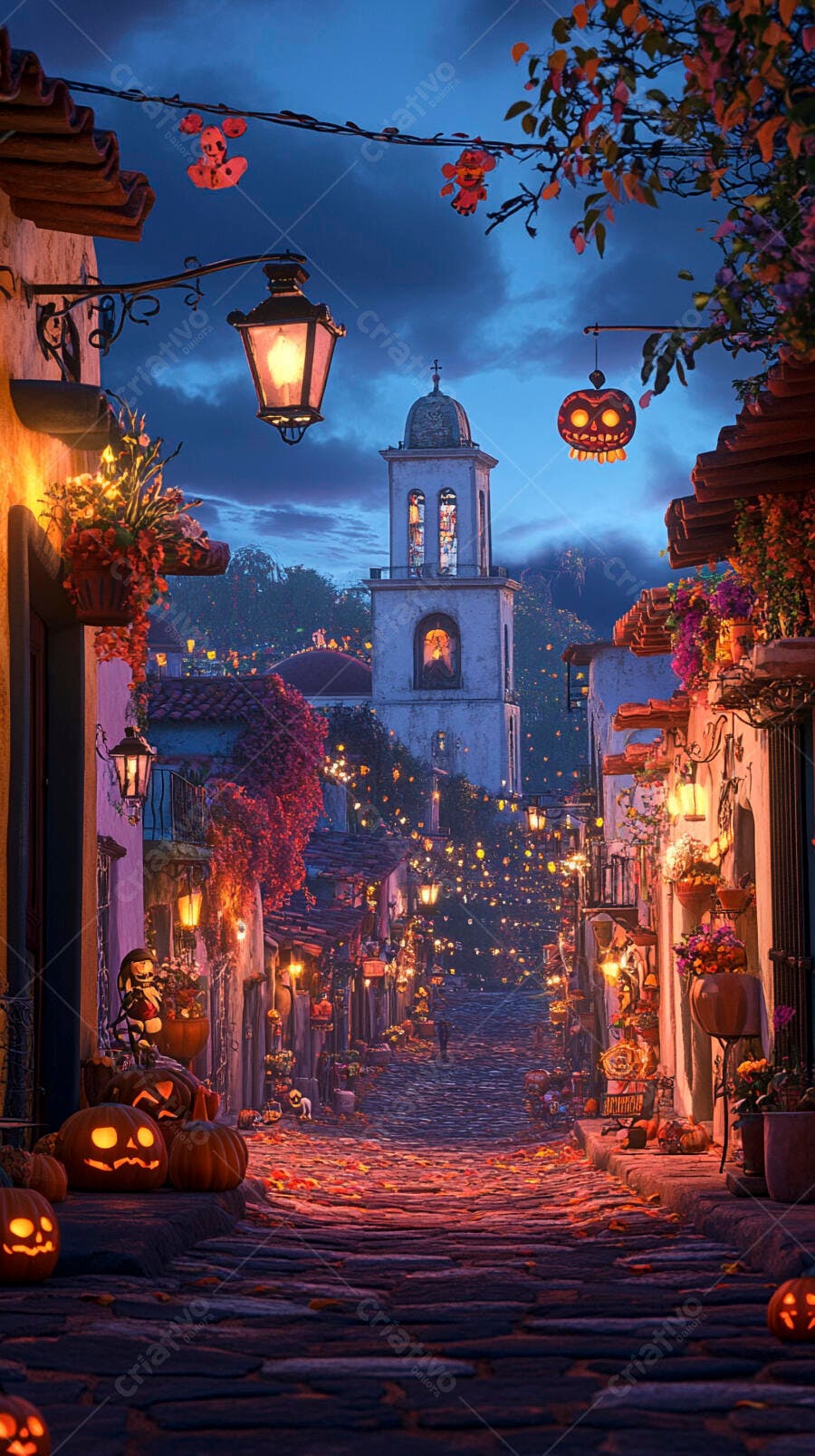 Rua de vila antiga iluminada com decoração de Halloween e abóboras esculpidas