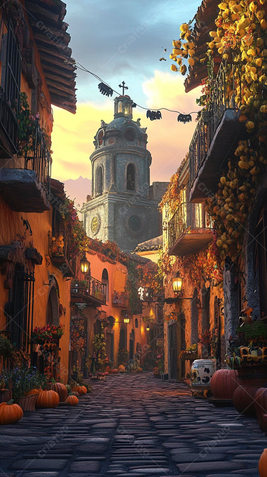 Rua de vila antiga com abóboras e folhagens coloridas no pôr do sol de outono
