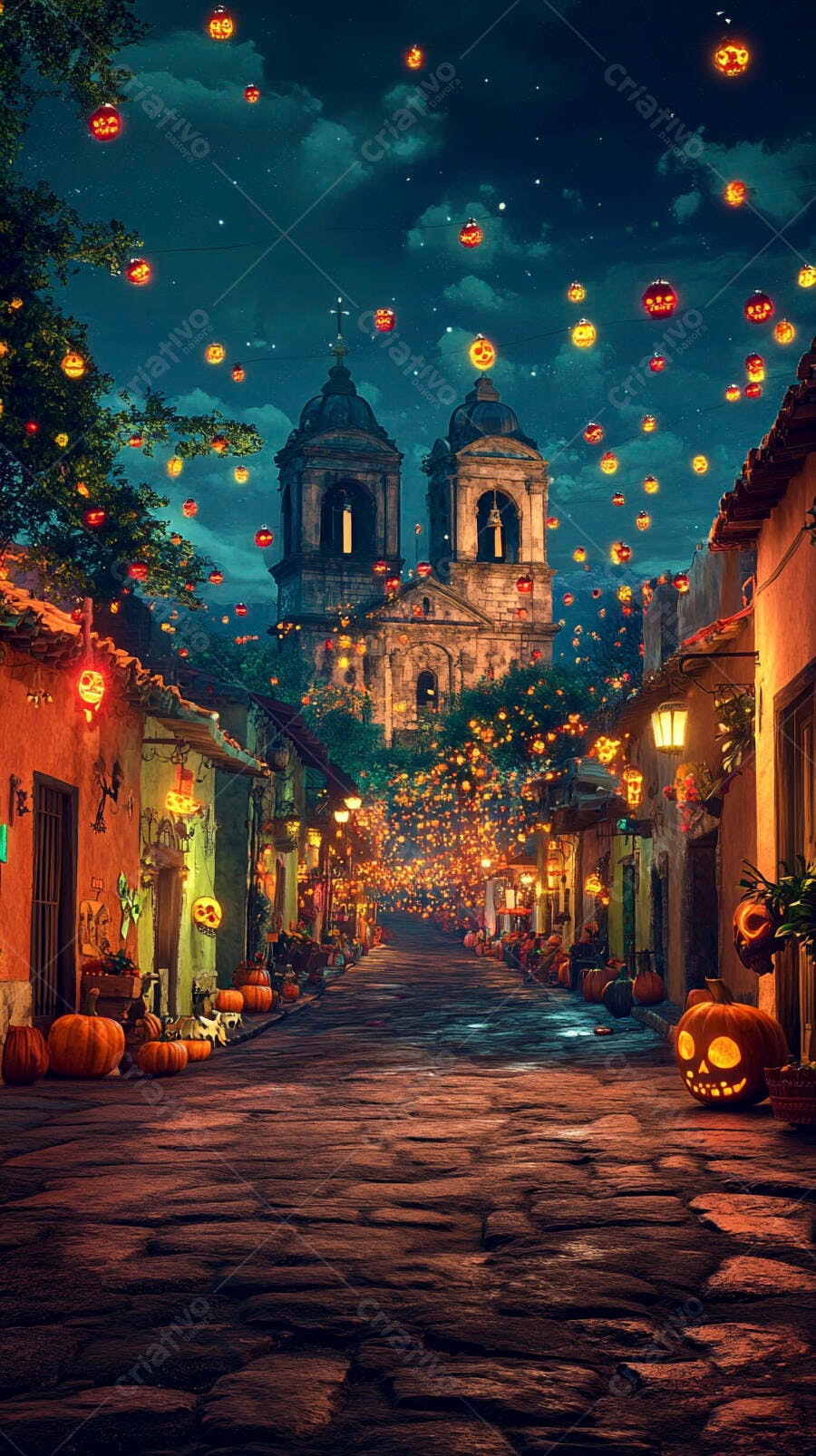Vila histórica decorada para Halloween com abóboras lanternas e igreja iluminada