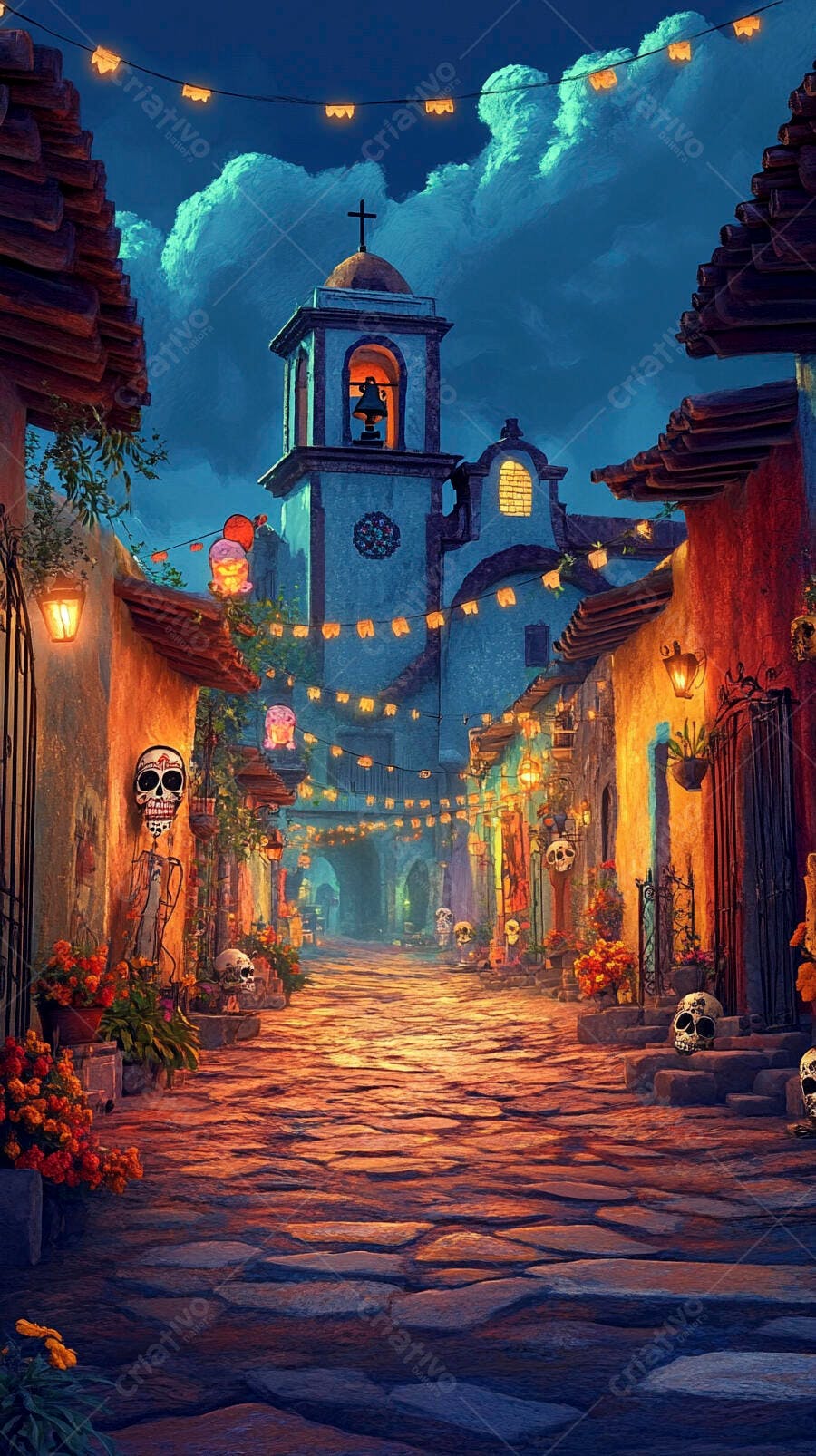 Rua colorida com caveiras e igreja na celebração do Dia de Muertos