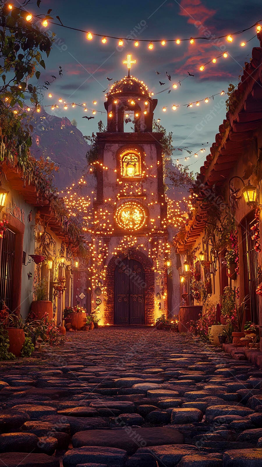 Igreja antiga iluminada com luzes festivas em rua de paralelepípedos ao entardecer