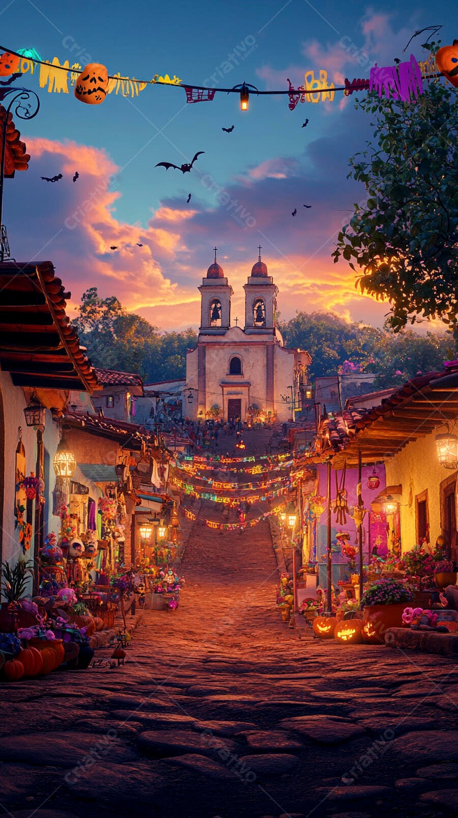 Rua vibrante de vilarejo mexicano com igreja e decorações de Dia dos Mortos ao pôr do sol