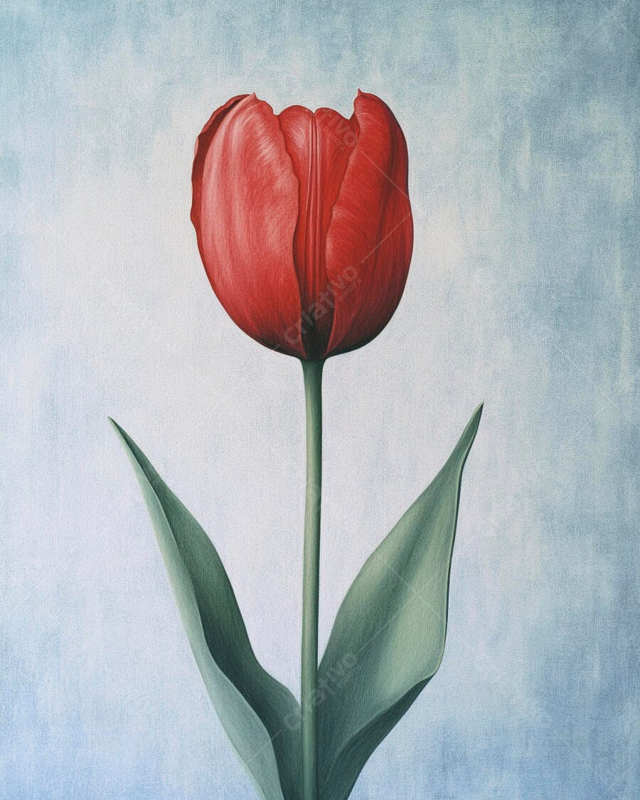 Tulipa vermelha vibrante em pintura fundo azul claro texturizado