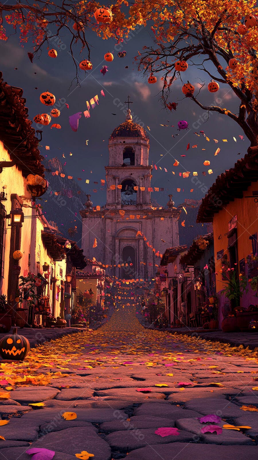 Rua de vila colorida decorada com abóboras para celebração de Outono