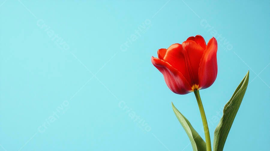 Tulipa vermelha vibrante com haste verde em fundo azul claro