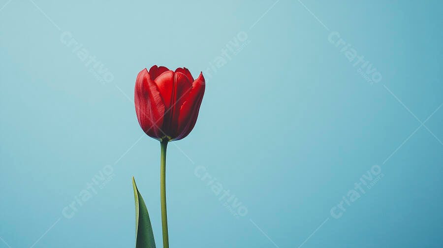 Tulipa vermelha vibrante com fundo azul claro minimalista