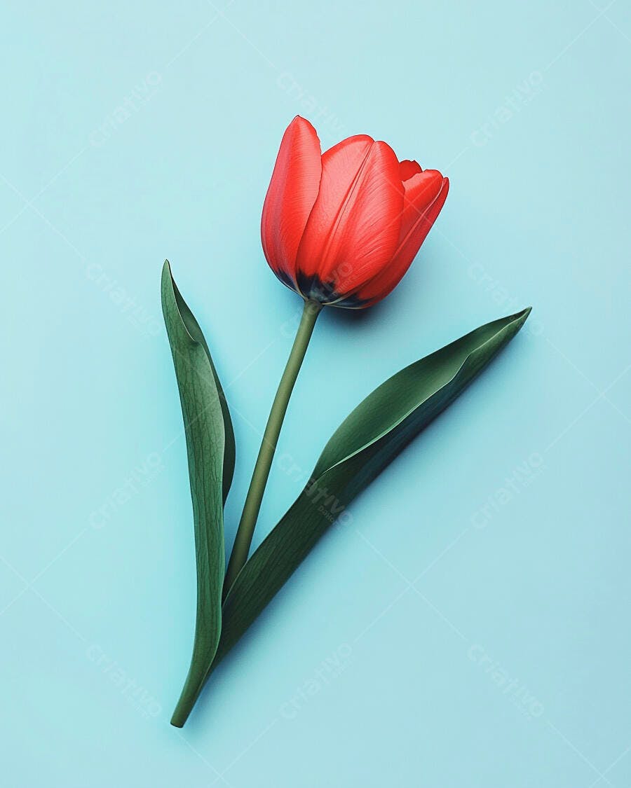 Tulipa vermelha vibrante com folhas verdes em fundo azul claro