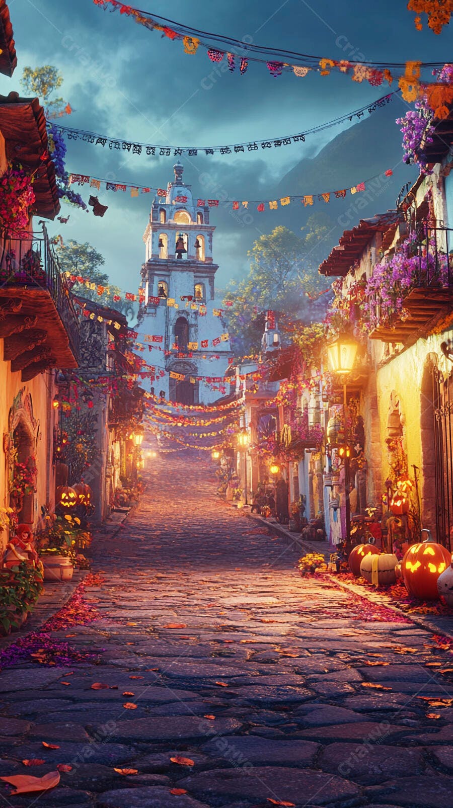 Rua de vila festiva com igreja e abóboras luminosas noturnas